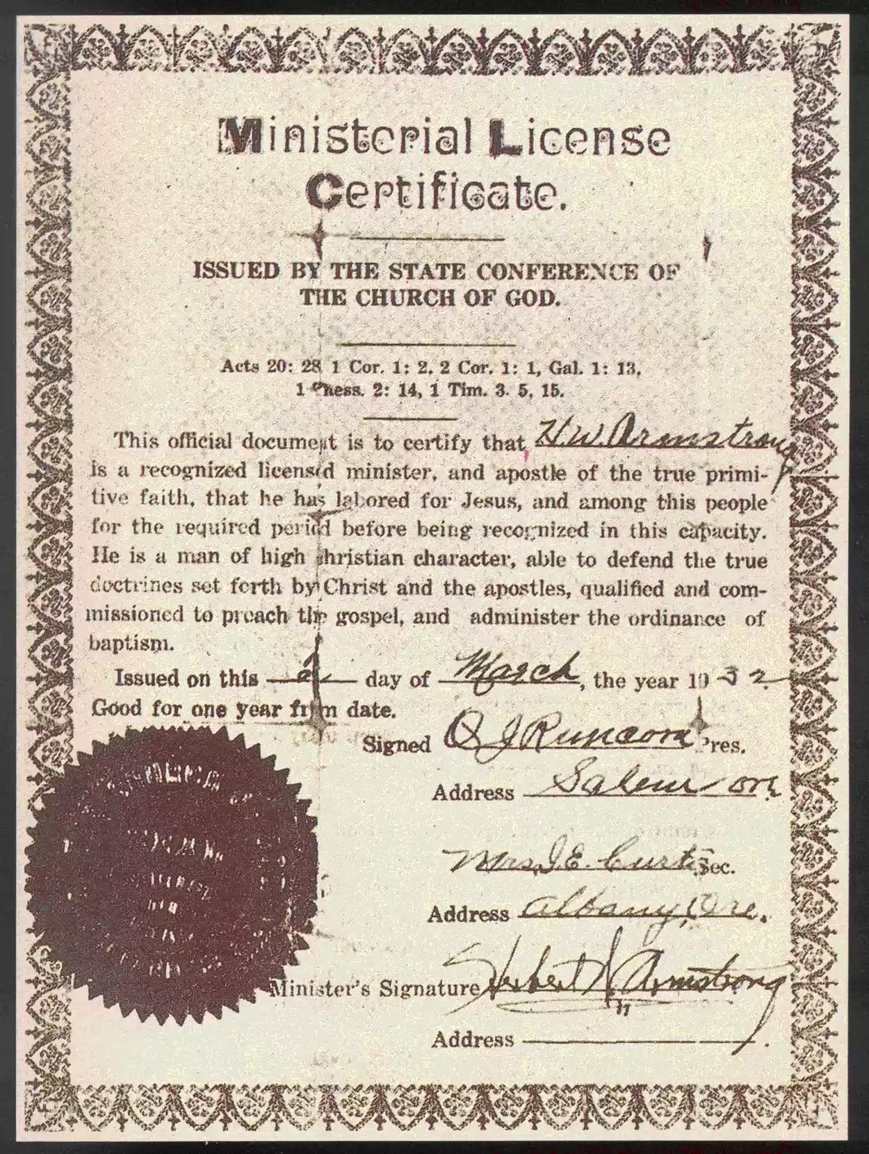 HWA's Ordination Certificate